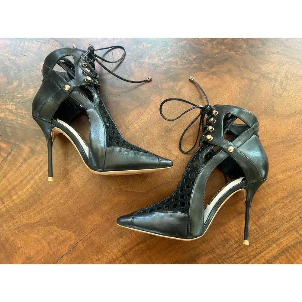 Rare Sophia Webster Jetta Black Leather Lace-Up Stiletto Booties 36 / US 6